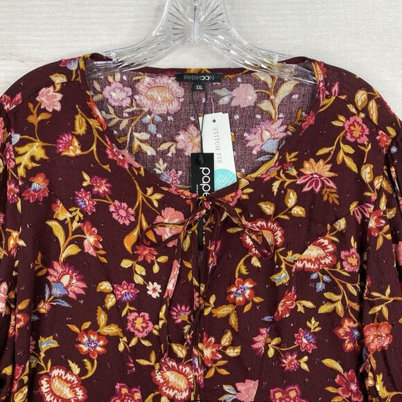 Papermoon Stitch Fix Women 2XL Top Red Floral Boho Tie Neck Pullover 3/4 Slv NWT - Picture 2 of 9